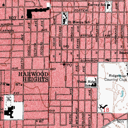 Topographic Map of Harwood Heights Post Office, IL