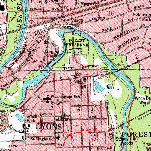 Topographic Map of Lyons Post Office, IL