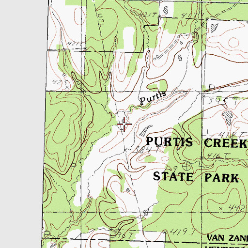 Topographic Map of Purtis Creek State Park, TX