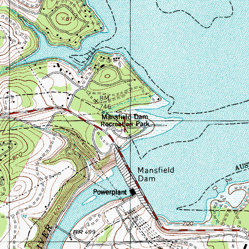 Topographic Map of Mansfield Dam Recreation Park, TX