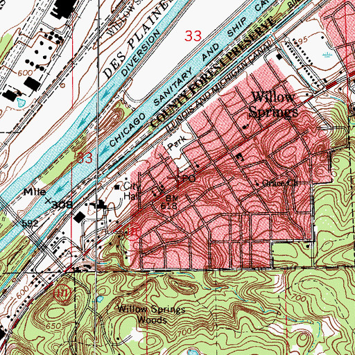 Topographic Map of Willow Springs Post Office, IL