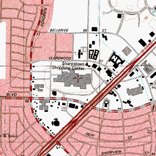 Topographic Map of Sharpstown Center Shopping Center, TX