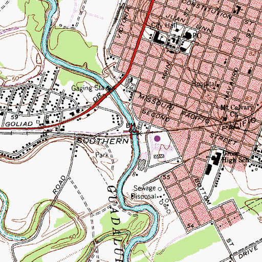 Topographic Map of Southern Pacific Railroad Guadalupe Bridge, TX