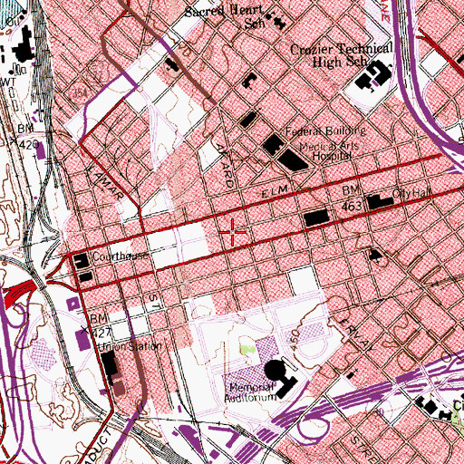 Topographic Map of Hotel Adolphus, TX