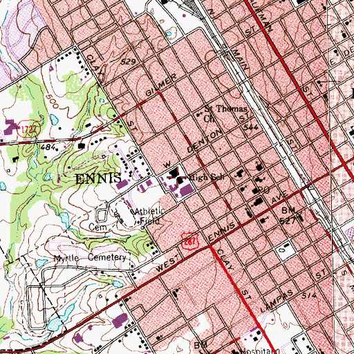 Topographic Map of Ennis High School, TX