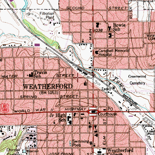 Topographic Map of Weatherford Downtown Historic District, TX