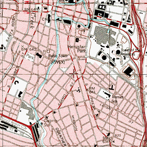 Topographic Map of South Alamo Street-South Marys Street Historic District, TX