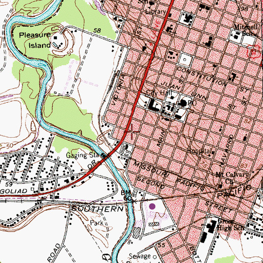 Topographic Map of South Bridge Street Historic District, TX