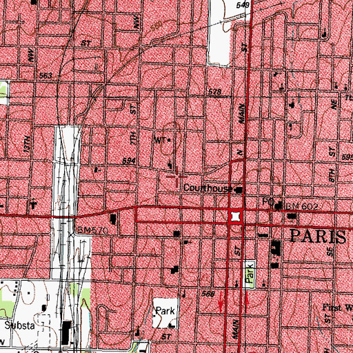 Topographic Map of Paris Commercial Historic District, TX