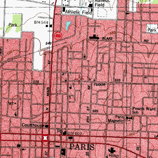 Topographic Map of Pine Bluff-Fitzhugh Historic District, TX