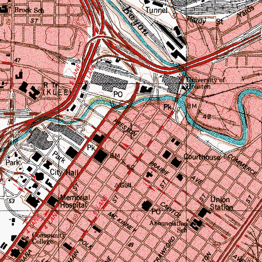Topographic Map of Main Street-Market Square Historic District, TX