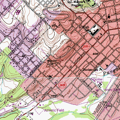 Topographic Map of Belvin Street Historic District, TX