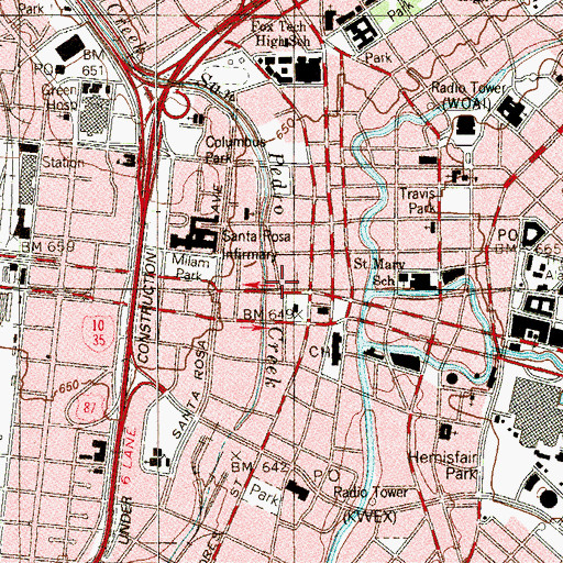 Topographic Map of Main and Military Plazas Historic District, TX