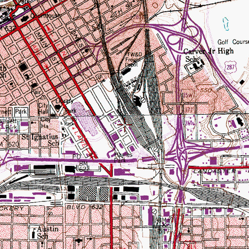 Topographic Map of Gulf, Colorado and Sante Fe Railroad Passenger Station, TX