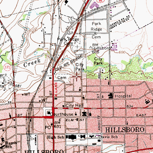 Topographic Map of Hillsboro Residential Historic District, TX