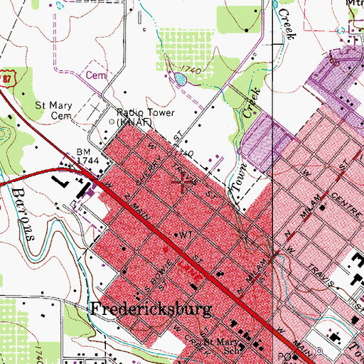 Topographic Map of Fredericksburg Historic District, TX