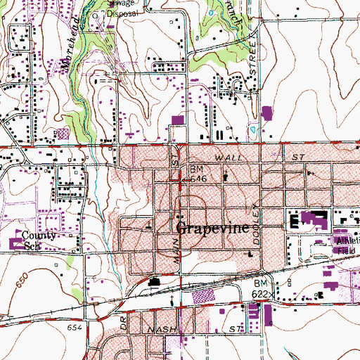 Topographic Map of Grapevine Original Town Residential Historic District, TX
