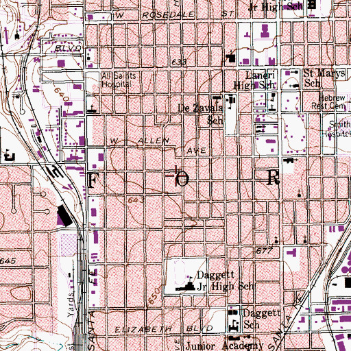 Topographic Map of Fairmount-Southside Historic District, TX