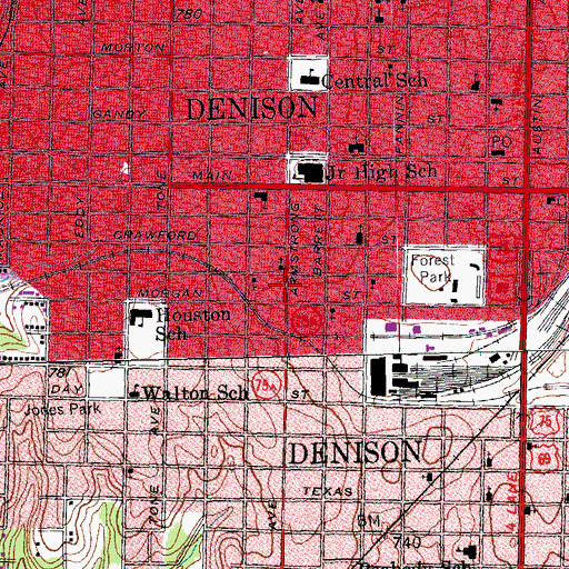 Topographic Map of Denison Commercial Historic District, TX