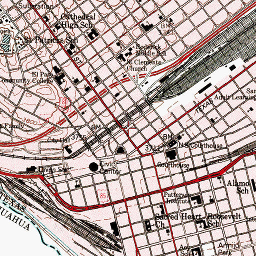 Topographic Map of Downtown El Paso Post Office, TX