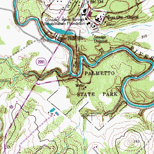 Topographic Map of Palmetto State Park - Lake Trail, TX