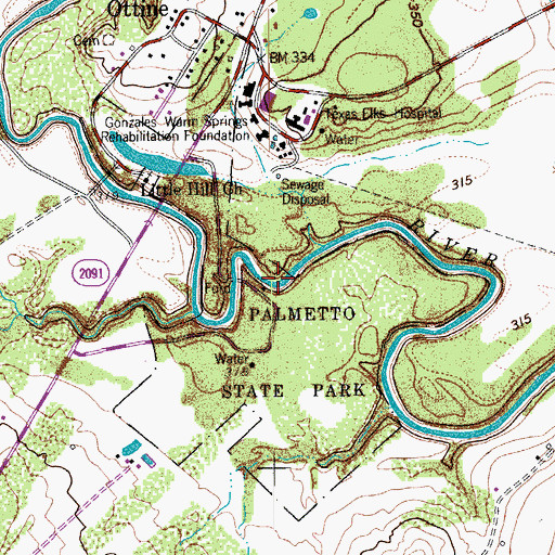 Topographic Map of Palmetto State Park - Nature and Hiking Trail, TX