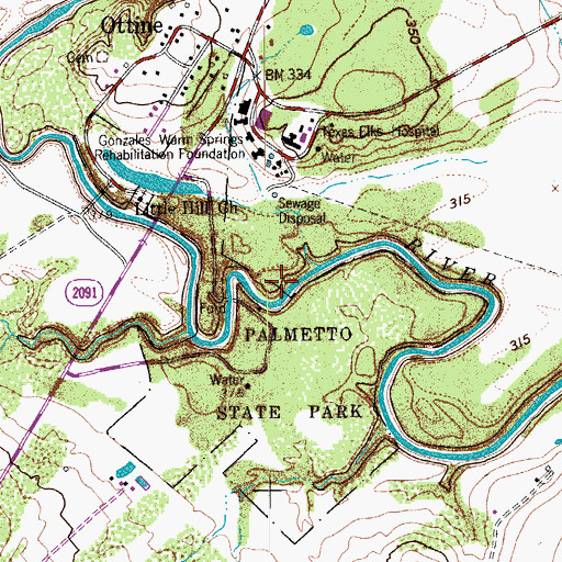 Topographic Map of Palmetto State Park - River Trail, TX