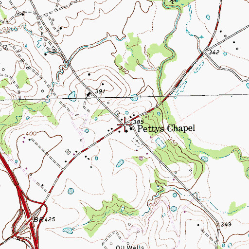 Topographic Map of Pettys Chapel, TX