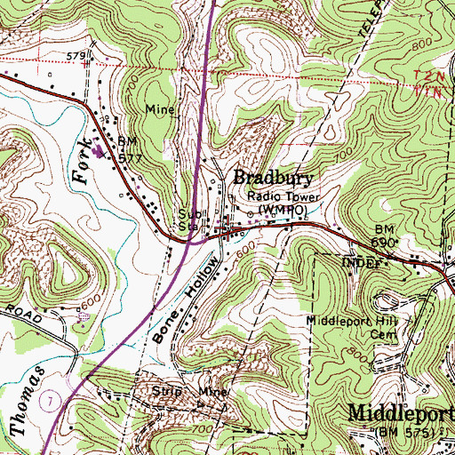 Topographic Map of Bradbury Post Office (historical), OH