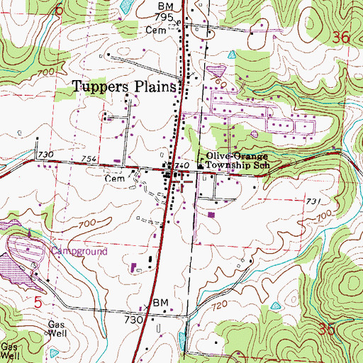 Topographic Map of Tuppers Plains Post Office, OH