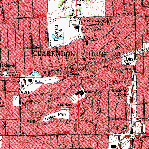 Topographic Map of Clarendon Hills Post Office, IL