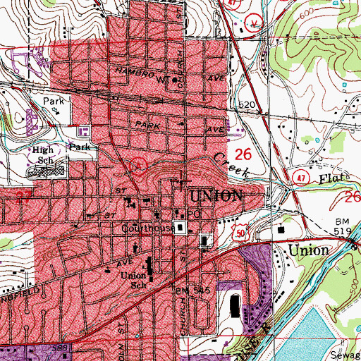 Topographic Map of Union Fire Protection District Station 2, MO
