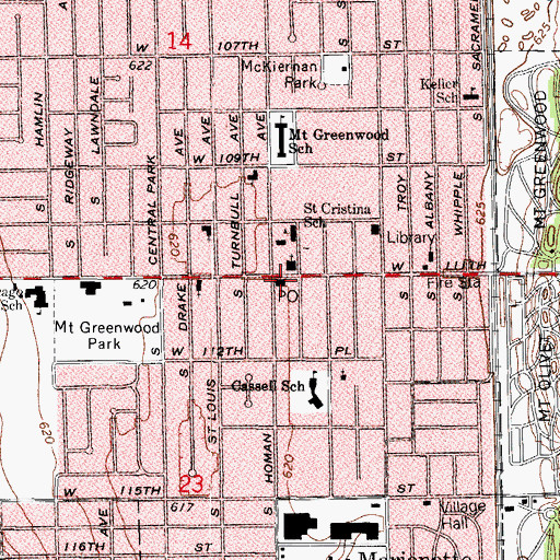 Topographic Map of Mount Greenwood Post Office, IL