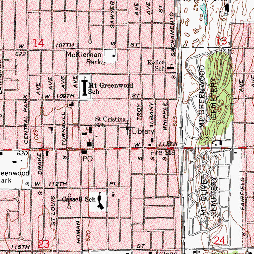 Topographic Map of Mount Greenwood Branch Chicago Public Library, IL