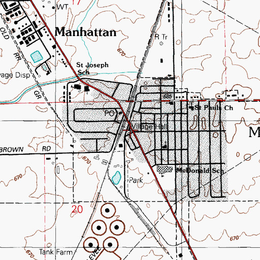 Topographic Map of Manhattan Village Hall, IL