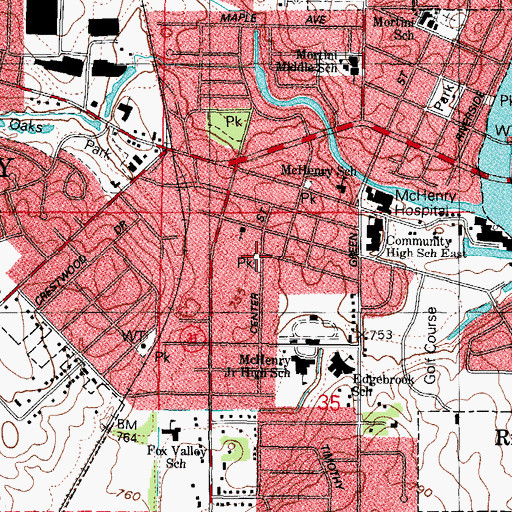 Topographic Map of Center Street Park, IL