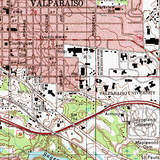 Topographic Map of Kroencke Hall, IN