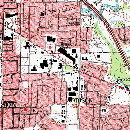 Topographic Map of Addison Public Library, IL