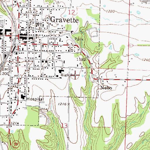 Topographic Map of Gravette Upper Elementary School, AR