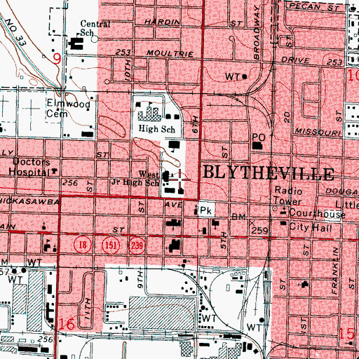 Topographic Map of Blythville Middle School, AR