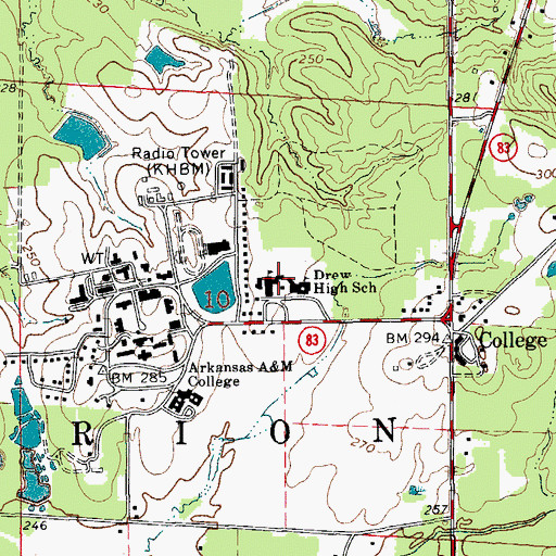 Topographic Map of Drew Central High School, AR
