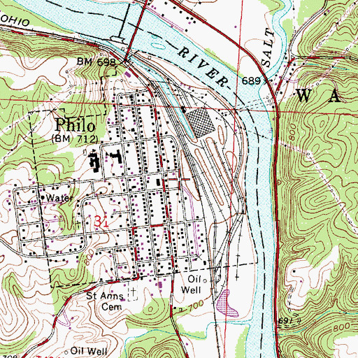 Topographic Map of Philo Post Office, OH