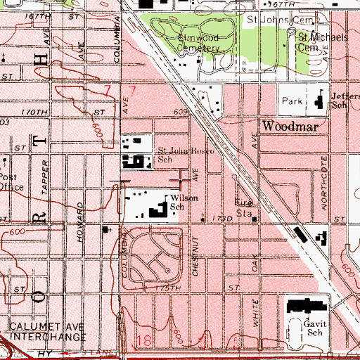Topographic Map of Woodmar Baptist Church, IN