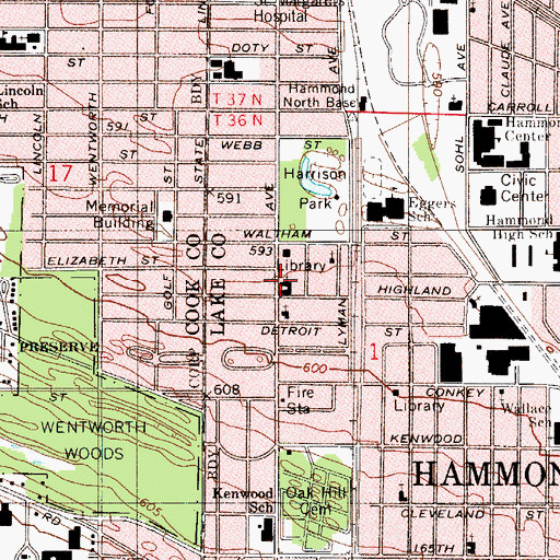 Topographic Map of First Presbyterian Church, IN