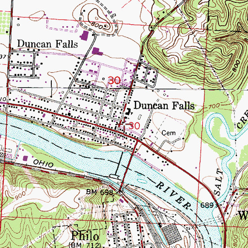 Topographic Map of Duncan Falls Post Office, OH