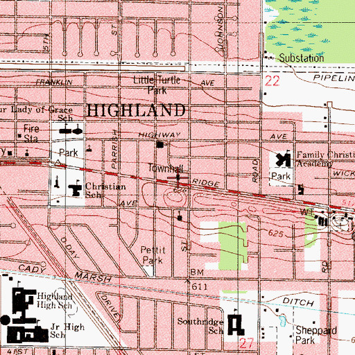 Topographic Map of Highland Town Hall, IN
