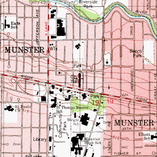 Topographic Map of Munster Town Hall, IN