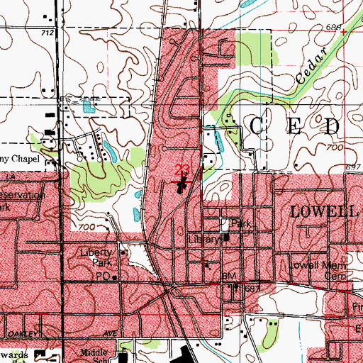 Topographic Map of Lowell Baptist School, IN