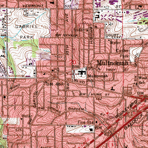 Topographic Map of Multnomah Arts Center, OR