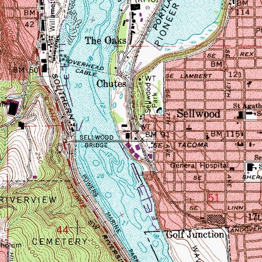 Topographic Map of Oaks-Pioneer Church Park, OR